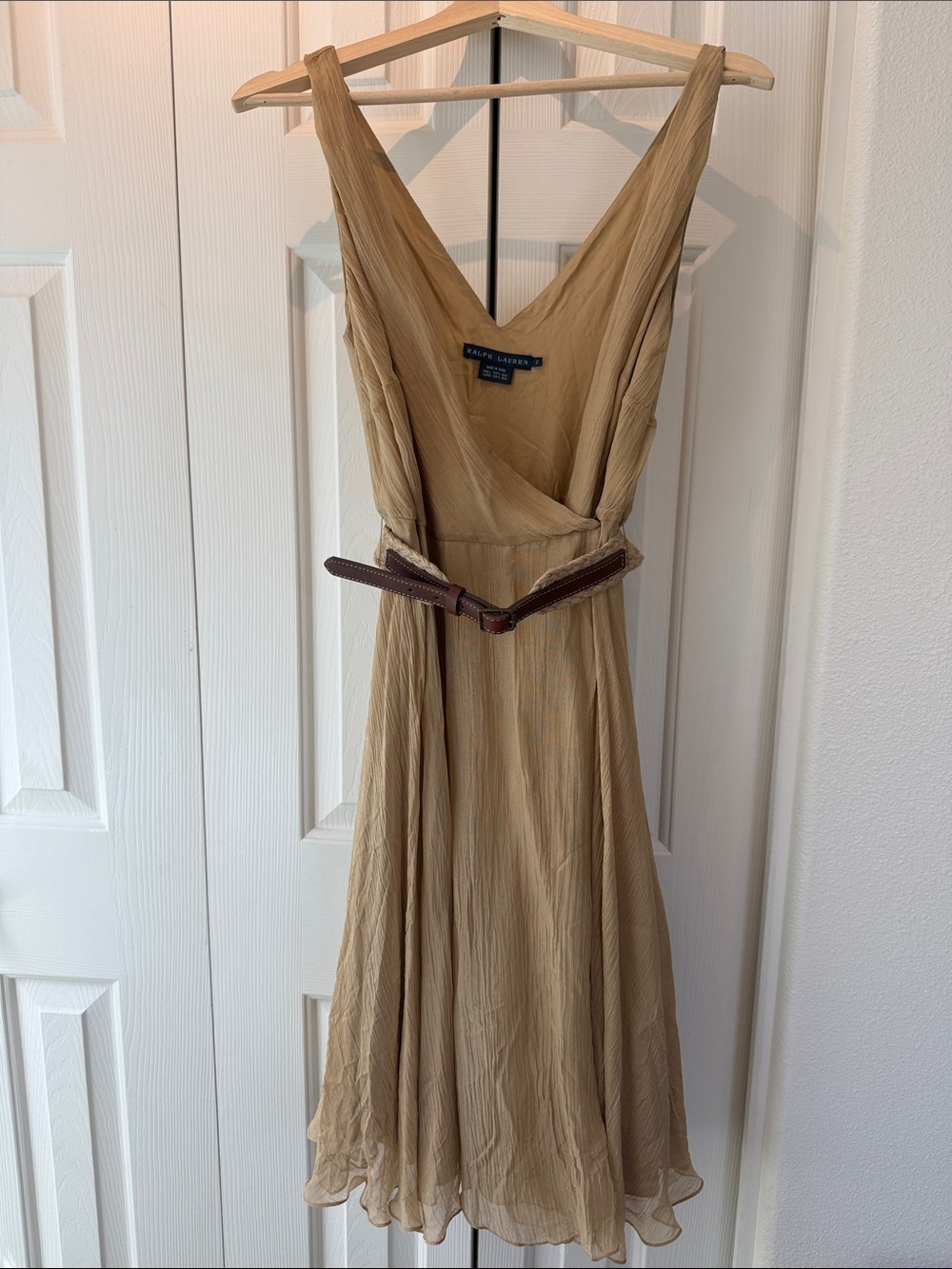Ralph Lauren Beige V-Neck Midi Tea Silk Dress with Belt